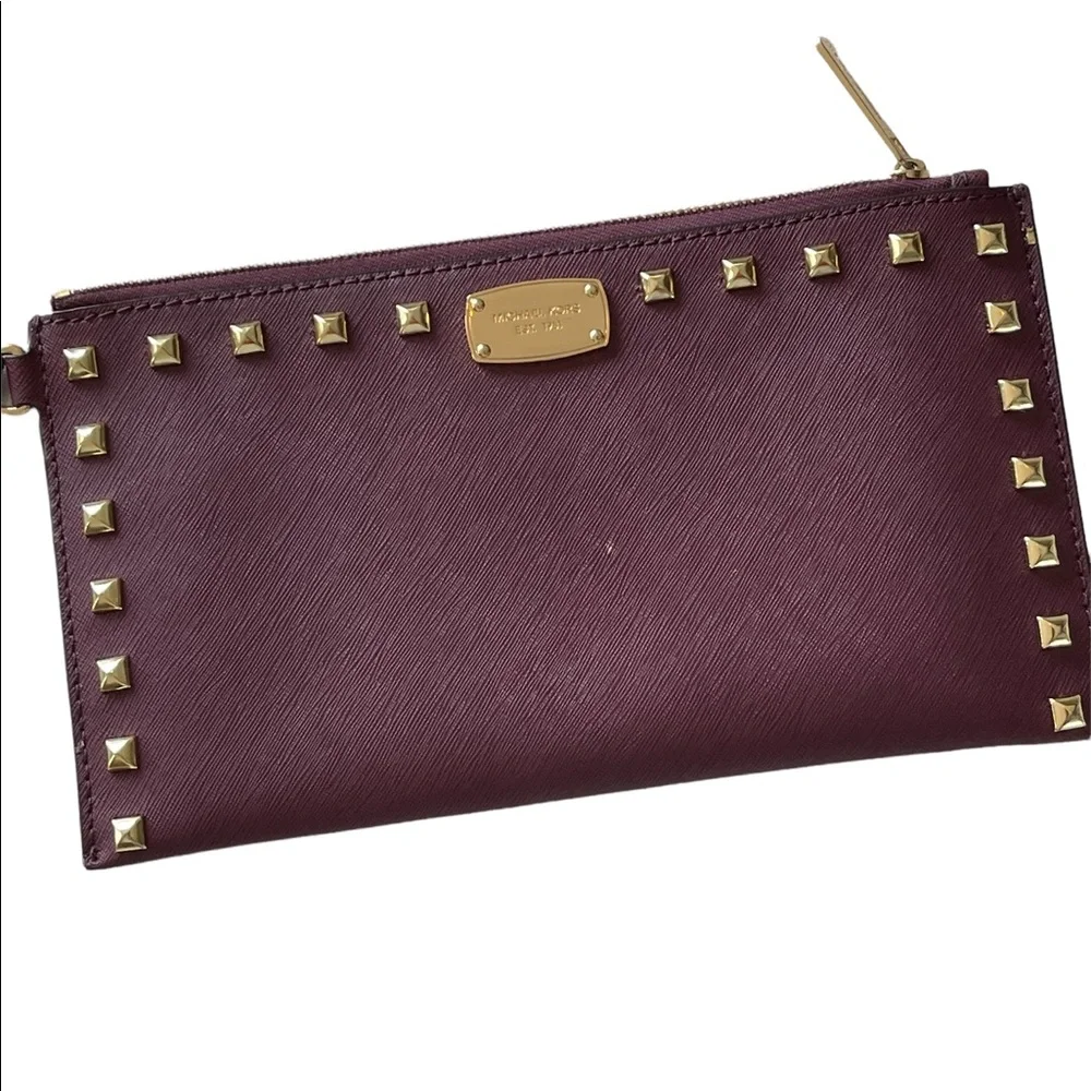Michael Kors cherry Saffino Leather stud gold pyramid wristlet NWOT